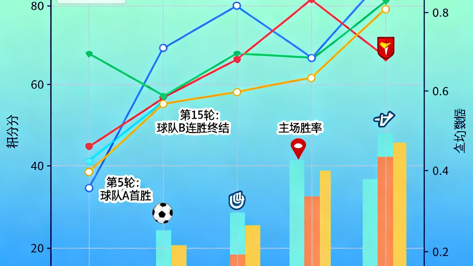 数据可视化图表展示多支球队赛季表现趋势，曲线图与柱状图结合，标注关键数据节点
